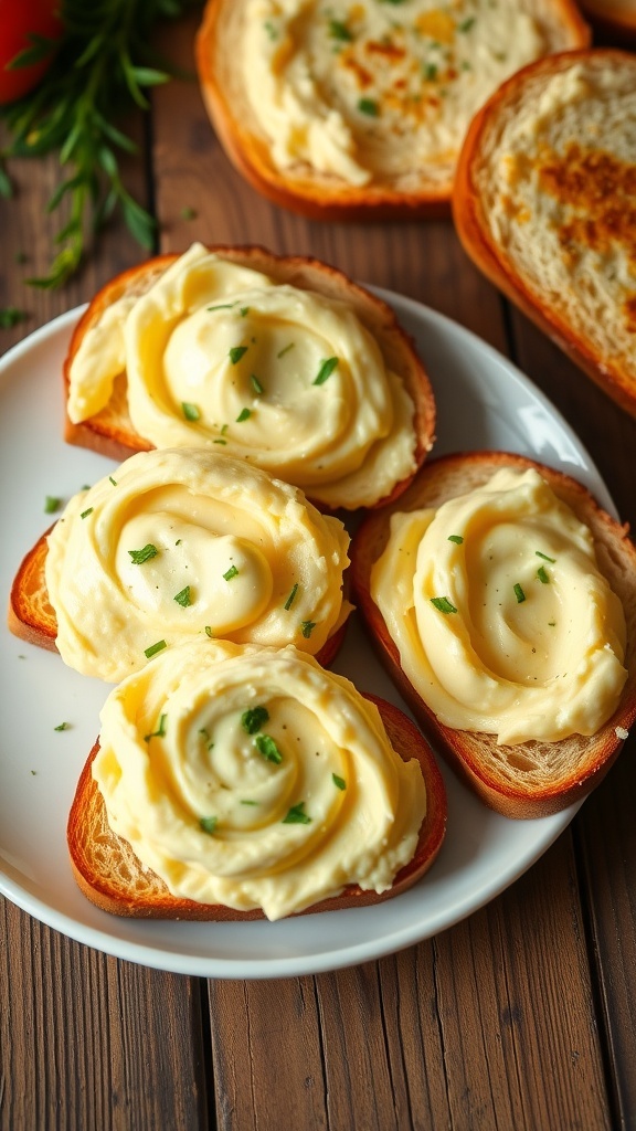 Creamy mashed hard-boiled eggs on toast, garnished with herbs, on a rustic table.
